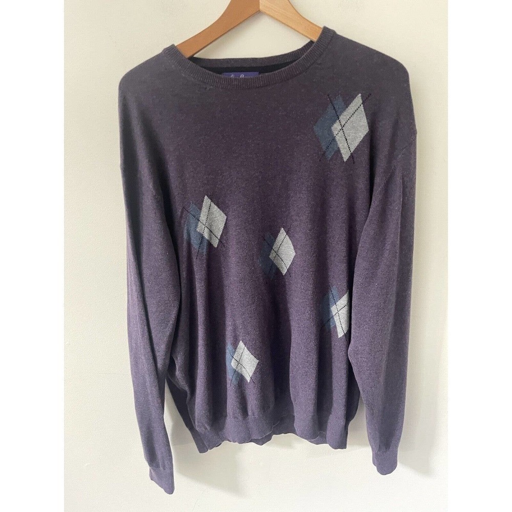 Alan Flusser Men's XL Purple Cotton Silk Cashmere Long Sleeve Crew Neck Sweater